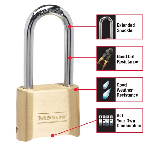 Brass Combination Gate Lock For Outdoor Fences And Sheds, Customizable Four Digit Padlock With Extended Two And A Quarter Inch Long Shackle, Weatherproof Two Pack Security Lock with extended shackle and features.