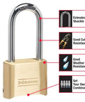 Set Your Own Four Digit Padlock For Indoor And Outdoor Use With Brass Finish No Key Needed And Two And A Quarter Inch Shackle Ideal For Gate And Shed Security And Weather Resistant Versatile Lock with features labeled.