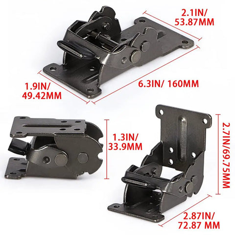 Kickass Pair Of Steel Folding Brackets With Dead Nuts Self Locking Design For Tables Workbenches And Sleeping Platforms Smooth Adjusts From Zero To One Eighty Degrees Drop In Upgrade, showing dimensions and detailed angles.