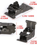 Built Tough Folding Brackets With Self Lock Adjusting Hinge shown from multiple angles, matte black steel support hardware with sizes labeled.