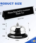 Desk Bell For Service And Reception With Ring Sign, Clear Call Bell For Front Desk, Office, Hotel, Hospital, School, Dinner Bell, Easy To Use, Loud Ring, Double-Sided Sign For Assistance. Product size chart with 20cm sign and 3.35in stainless steel bell