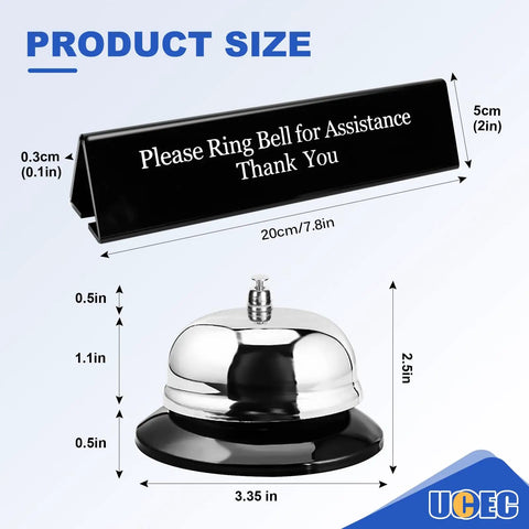 Desk Bell For Service And Reception With Ring Sign, Clear Call Bell For Front Desk, Office, Hotel, Hospital, School, Dinner Bell, Easy To Use, Loud Ring, Double-Sided Sign For Assistance. Product size chart with 20cm sign and 3.35in stainless steel bell