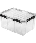 Massive 80 Quart Clear Plastic Storage Bin With Hella Tight Waterproof Seal And Heavy Duty Latches for organizing bulky gear.