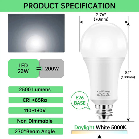 Ridiculously Bright A21 LED Bulbs 23W 150W-200W Equivalent 2500 Lumen 5000K Daylight White E26 Non Dim Energy Saving