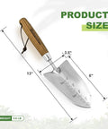 Garden Trowel With Serrated Edge And Four Inch Depth Marks, Stainless Steel Blade With Comfortable Wood Handle, V Shaped Sharp Edge For Planting And Weeding, Built For No Fuss Weeding, shown with size dimensions.