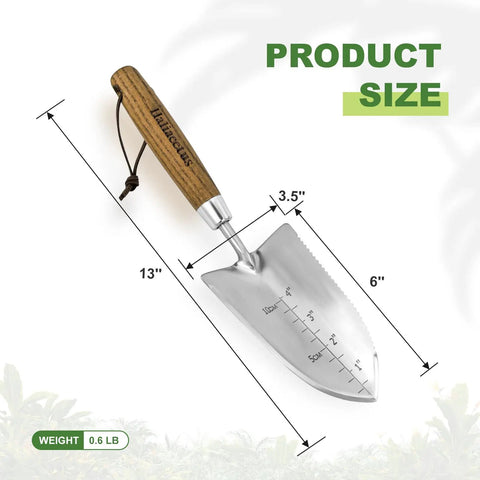 Garden Trowel With Serrated Edge And Four Inch Depth Marks, Stainless Steel Blade With Comfortable Wood Handle, V Shaped Sharp Edge For Planting And Weeding, Built For No Fuss Weeding, shown with size dimensions.