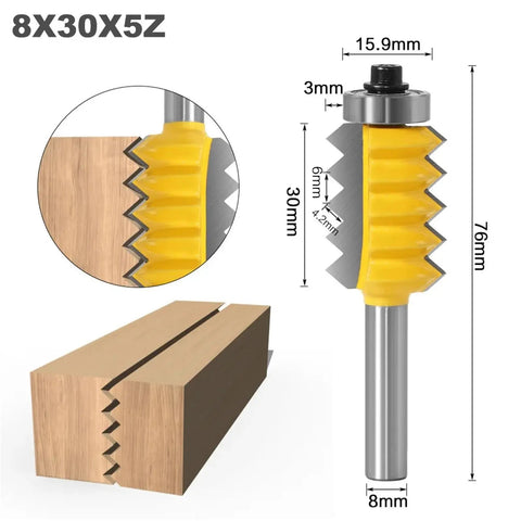 Top Shelf Multi Tooth Tenon Cutter With 8mm Shank For Woodworking And Splicing Machines, showing sharp flutes and dimensions.
