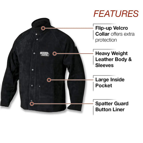 Heavy Duty Leather Welding Jacket Built Tough For High Amperage And Out Of Position Work With Full Leather Front And Sides