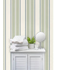 Farmhouse Matte Wallpaper Dope Linen Texture Hella Durable PVC Free Wall Covering on clean bathroom wall with towels and plant.