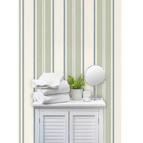 Farmhouse Matte Wallpaper Dope Linen Texture Hella Durable PVC Free Wall Covering on clean bathroom wall with towels and plant.