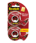 Super Hold Tape With 50 Percent More Adhesive, Clear Finish, 2 Rolls, Dispenser Ready packaging showing strong bond on contact.