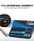 Eight Channel Mini Audio Mixer with MP3 Player and Bluetooth USB recording interface, showing USB port for device connection.