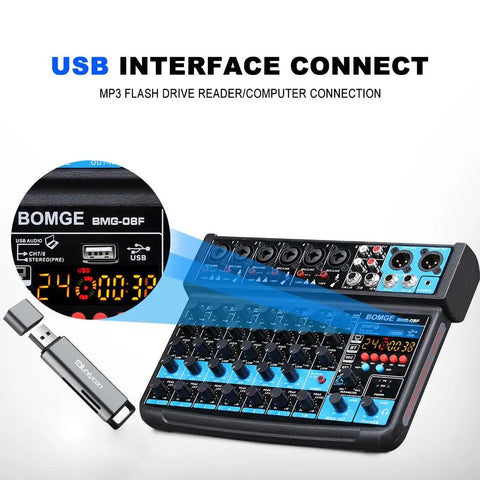 Eight Channel Mini Audio Mixer with MP3 Player and Bluetooth USB recording interface, showing USB port for device connection.