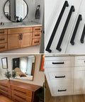 Image showing matte black cabinet pulls in various installations on wood and white drawers, highlighting modern design.
