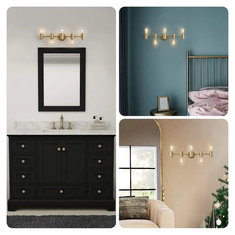 Five Light Vanity Fixture In Dope Gold Finish Over Mirror Modern Wall Sconces For Bedroom And Living Room E26 Base 28 Inch Long 4.7 Inch High 5.1 Inch Extension Bulbs Not Included in various room settings