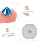 Blue metal cone rivet stud for DIY fashion; close-up on fingertip with round backing plate.