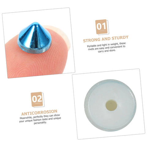 Blue metal cone rivet stud for DIY fashion; close-up on fingertip with round backing plate.
