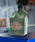 5.5 Gallon Utility Container Kit With 2 Deluxe Hoses And Get Bent Hose Bender Camo 2 Pack A Real Workhorse For Easy Fluid Transfer And Spill Free On Site Use Great For Garage Farm Shop And Outdoor Jobs, camo-colored container on blue surface in garage setting