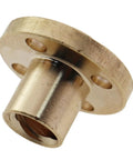 Close-up of a single brass T8 lead screw nut showing threads and flange, part of a Set Of 4 Brass T8 Lead Screw Nuts For Z-Axis 3D Printer, 8mm Lead, 2mm Pitch, Compatible With Stepper Motors And Linear Guides, DIY CNC Machine Tool Screws Nuts.