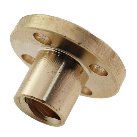 Close-up of a single brass T8 lead screw nut showing threads and flange, part of a Set Of 4 Brass T8 Lead Screw Nuts For Z-Axis 3D Printer, 8mm Lead, 2mm Pitch, Compatible With Stepper Motors And Linear Guides, DIY CNC Machine Tool Screws Nuts.