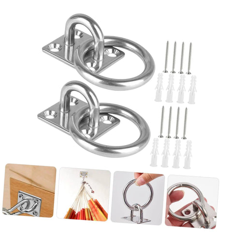 Two Pack Heavy Duty Stainless Steel Ceiling Hooks With Durable Anchor Plates For Hammocks And Yoga Swings Ideal For Home Gyms Studios And Patios Versatile Eye Hooks For Secure Hanging And Rigging Applications In Indoor And Outdoor Setups.