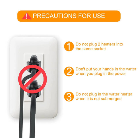 Precautions for Quick Heating Portable Immersion Water Heater With Stainless Steel Guard, safety instructions displayed