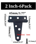 6-Pack Heavy Duty 2 Inch T-Strap Hinges In Black Rustic Iron with dimensions and screws, rustproof for outdoor sheds and barn doors.