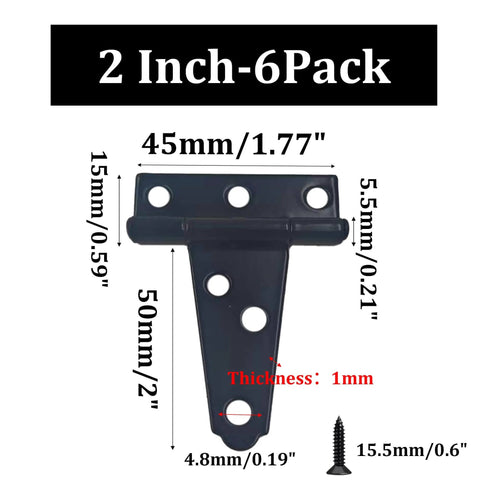 6-Pack Heavy Duty 2 Inch T-Strap Hinges In Black Rustic Iron with dimensions and screws, rustproof for outdoor sheds and barn doors.