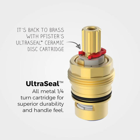 Close-up of brass UltraSeal ceramic disc cartridge for Pfirst Series One Handle Pull Out Kitchen Faucet in Polished Chrome