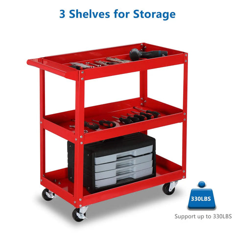 Beefy 3 Tier Rolling Tool Cart With 330 Lbs Capacity On Wheels For Garage Workshop Warehouse And Repair Shop Red Finish Durable Powder Coated Steel With Smooth Rolling Casters showing tools on shelves