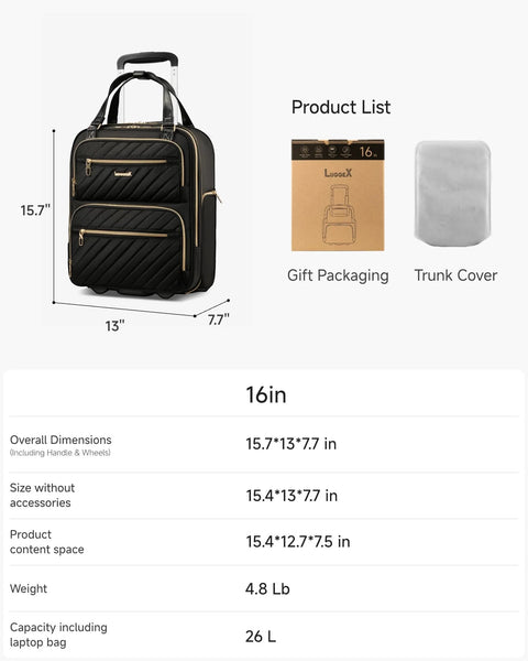 LUGGEX underseat carry-on luggage with wheels, black soft-sided 16-inch personal item bag
