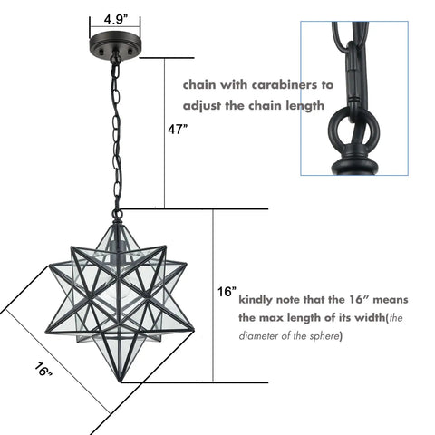Diagram of Big 16 Inch Moravian Star Pendant Light With Clear Glass Adjustable Chain Hanging Star Ceiling Fixture and dimensions