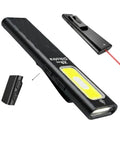 Ultra Slim EDC Flashlight With 800 Lumen Output, 11 Modes, Dual Switch Operation, black body with red laser and pocket clip.