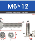 Premium 304 Stainless Steel M6 Cross Countersunk Head Locking Screws And Nuts Kit For Furniture Assembly dimensions with detailed measurements.