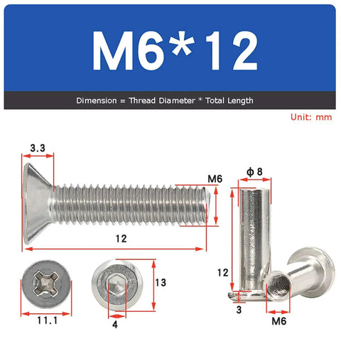 Premium 304 Stainless Steel M6 Cross Countersunk Head Locking Screws And Nuts Kit For Furniture Assembly dimensions with detailed measurements.