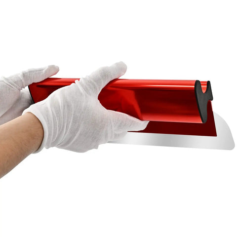 Hands holding Drywall Skimming Blade Set With Extension Handle For 12, 22, And 32 Inch Blades, red aluminum build.
