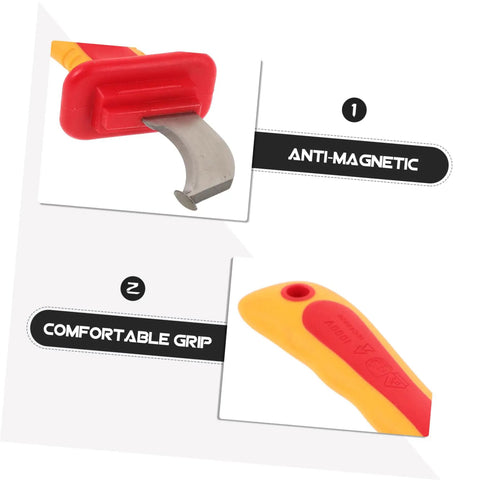 Heavy Duty Wire Stripper With Thick Insulated Handles Top Shelf Electrical Wire Cutter showing anti-magnetic blade and comfortable grip.