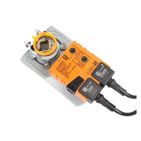 Industrial Grade Damper Actuator With No Sweat Setup And Smooth Operation For 24 Volt Ac Dc Systems Featuring Rock Solid 20 Nm Torque Control And Built Tough Reliability. Orange actuator with silver bracket on a light metal frame.