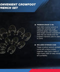 Crowfoot Wrench Set 1/2 Inch and 3/8 Inch Drive, 12-piece SAE flare nut wrenches with chrome moly and storage case information.