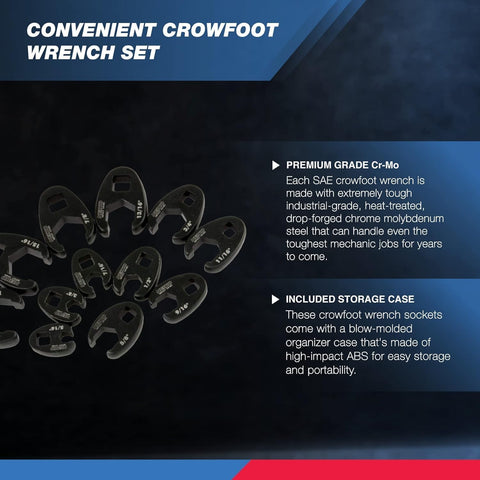 Crowfoot Wrench Set 1/2 Inch and 3/8 Inch Drive, 12-piece SAE flare nut wrenches with chrome moly and storage case information.