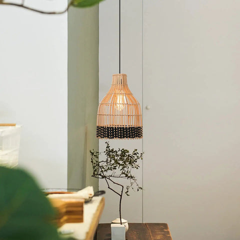 Rattan Pendant Light With Handmade Woven Lampshade, 1 Light Black Pendant For Kitchen Island, Wicker Ceiling Fixture.