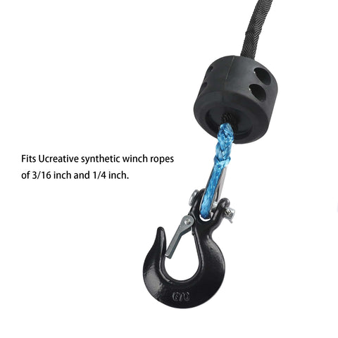 One Quarter Inch Clevis Slip Hook With Safety Latch, Built Tough Forged Steel Towing Hook For ATV And UTV, Black Silver Finish attached to winch rope.
