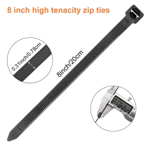 Heavy Duty 8 Inch Cable Ties 120 Lb Tensile Strength, showing detailed measurements and digital caliper for precision