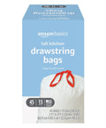 Tall Kitchen Drawstring Trash Bags With Fresh Scent, 13 Gallon, 45 Count box showing red tie handles and product details