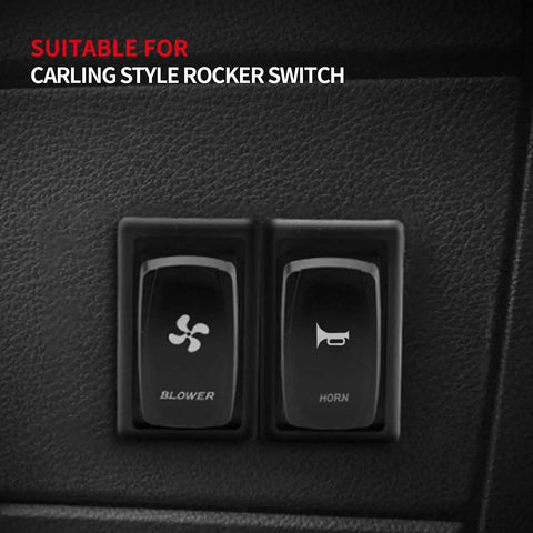 Close-up of Carling style rocker switches in One Slot Rocker Switch Panel Housing Holder Black Plastic Ride Ready Single Mount
