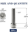 Built Like A Tank 20 Pack Of 1/2 13 X 2 Inch Socket Head Cap Screws Made From Premium 304 Stainless Steel For Zero Rust Hassle With Full Thread Bright Finish And Comes With An Easy Grip Allen Wrench. Showing dimensions and hex drive.