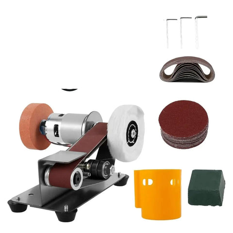 Ultra Compact Mini Electric Belt Sander With Grinder Set For Precision DIY Polishing And Knife Edge Sharpening Multifunction Desktop Sharpener Tool with sanding belts and polishing wheels.