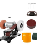 Compact Mini Electric Belt Sander Tool For DIY Polishing And Grinding with multiple sanding discs and attachments.