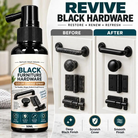 Cabinet Hardware Spray Paint, Quick-Dry Refinish for Knobs & Hinges, 50ml bottle with before and after cabinet hardware.