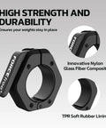 Heavy Duty Barbell Clamps For Secure Lifts Quick Release Olympic Bar Clamps With Anti Slip TPR Grip Non Magnetic Black Collars that lock in plates for weightlifting and powerlifting, shown with nylon composite and TPR lining details.